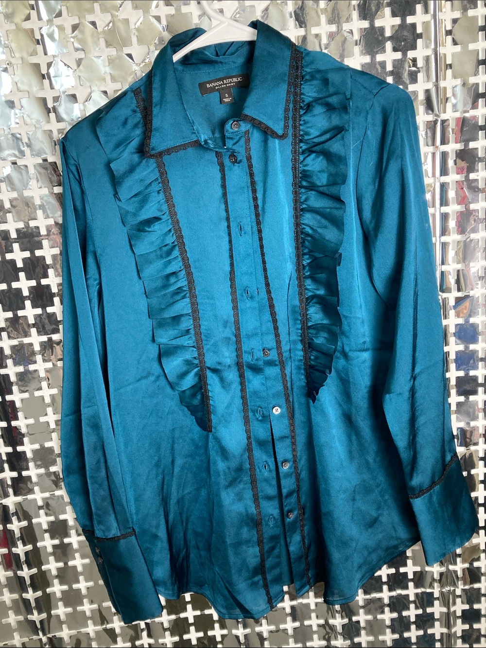 Banana Republic Teal Satin Ruffle Button-Down Blouse